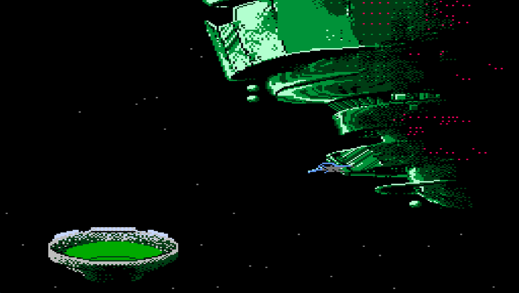 It's outta here! Screenshot from Base Wars (1991) of the post-homerun interstitial featuring a stadium floating in space while being observed by a space station